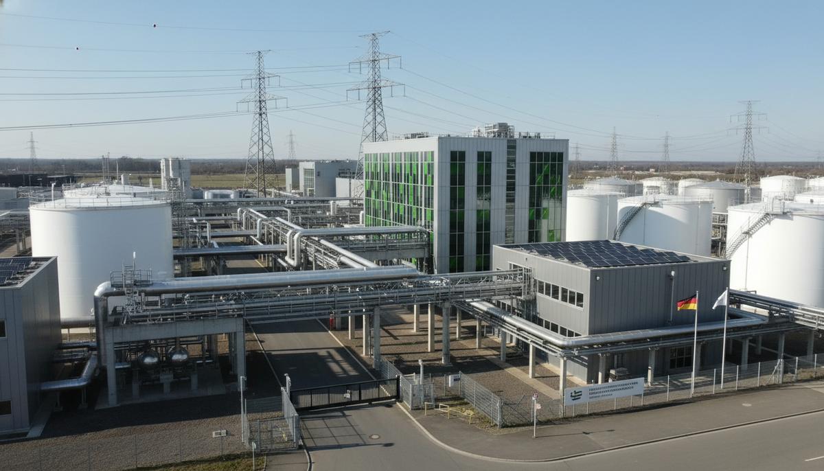 Промышленный комплекс по производству электроавиатоплива с электролизерными установками и трубопроводами на фоне ландшафта Рейнланд-Пфальца