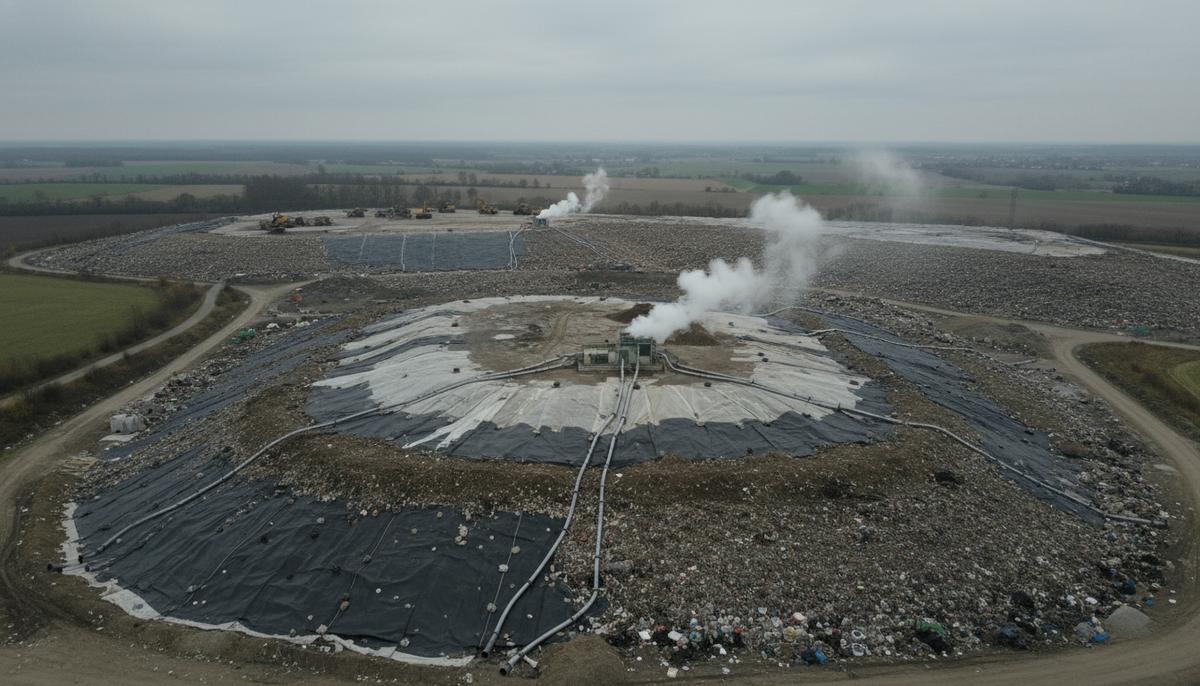 Метан из-под контроля: европейские свалки дают больше выбросов, чем считалось Полигон твердых бытовых отходов с системой сбора метана, видны трубы и изоляционное покрытие свалки, промышленный объект в европейской сельской местности