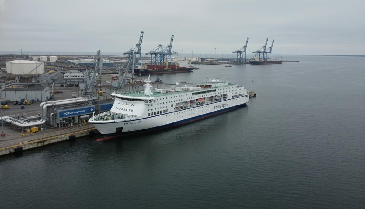 «Викинг Лайн» продолжает перевозки на биогазе: паромы идут на BioLNG Крупный белый паром у причала порта Балтики, установка для бункеровки LNG с трубопроводами и шлангами, спокойная вода, промышленная гавань