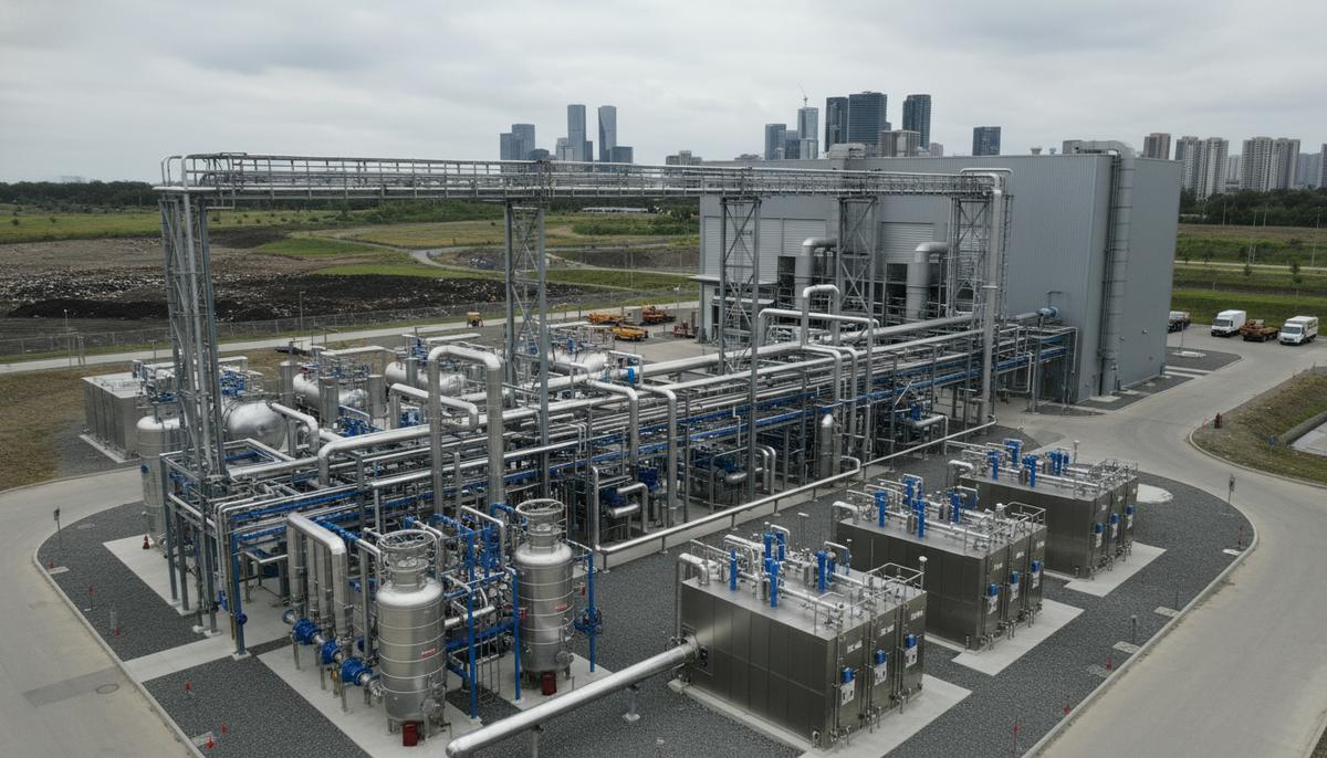 Берлинская служба очистки выбрала подрядчика для проекта биометана на свалке Промышленная установка по обогащению свалочного газа на полигоне в Берлине с трубопроводами и оборудованием для производства биометана