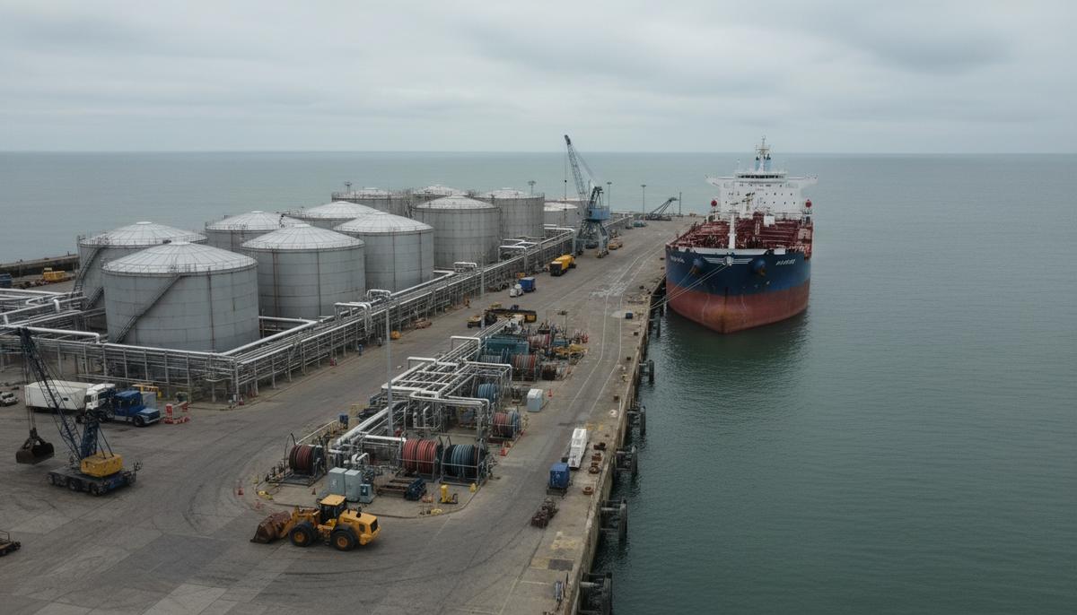 Порт Иммингем первым в Великобритании начал коммерческую бункеровку биометанола Танкер у причала терминала порта Иммингем с инфраструктурой для бункеровки биометанола на фоне промышленных резервуаров и портовых сооружений