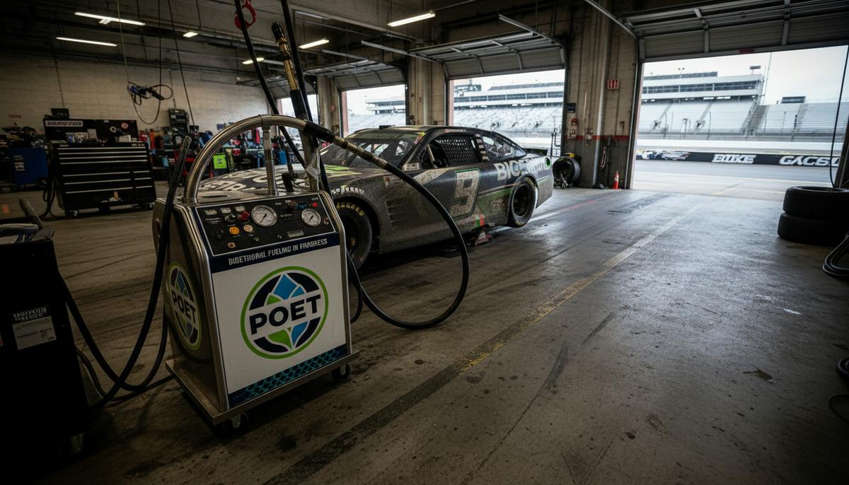 Гоночный автомобиль NASCAR на пит-лейне с оборудованием для заправки биоэтанолом бренда POET