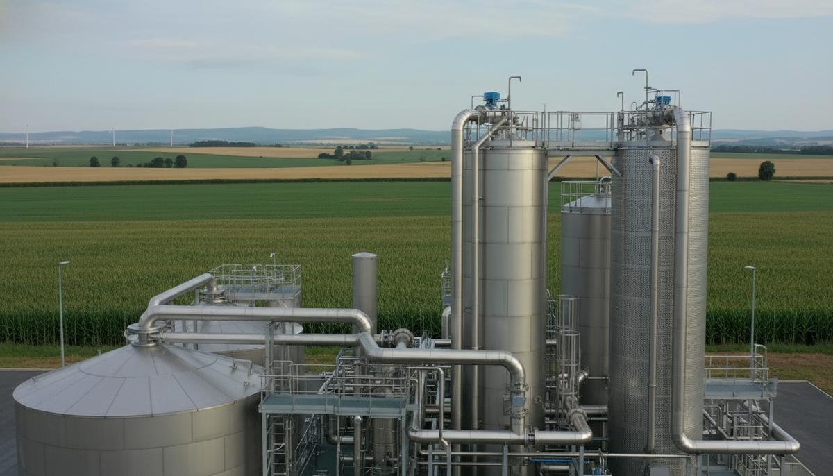 Промышленная установка по производству биогаза с резервуарами и трубопроводами на фоне сельскохозяйственной местности