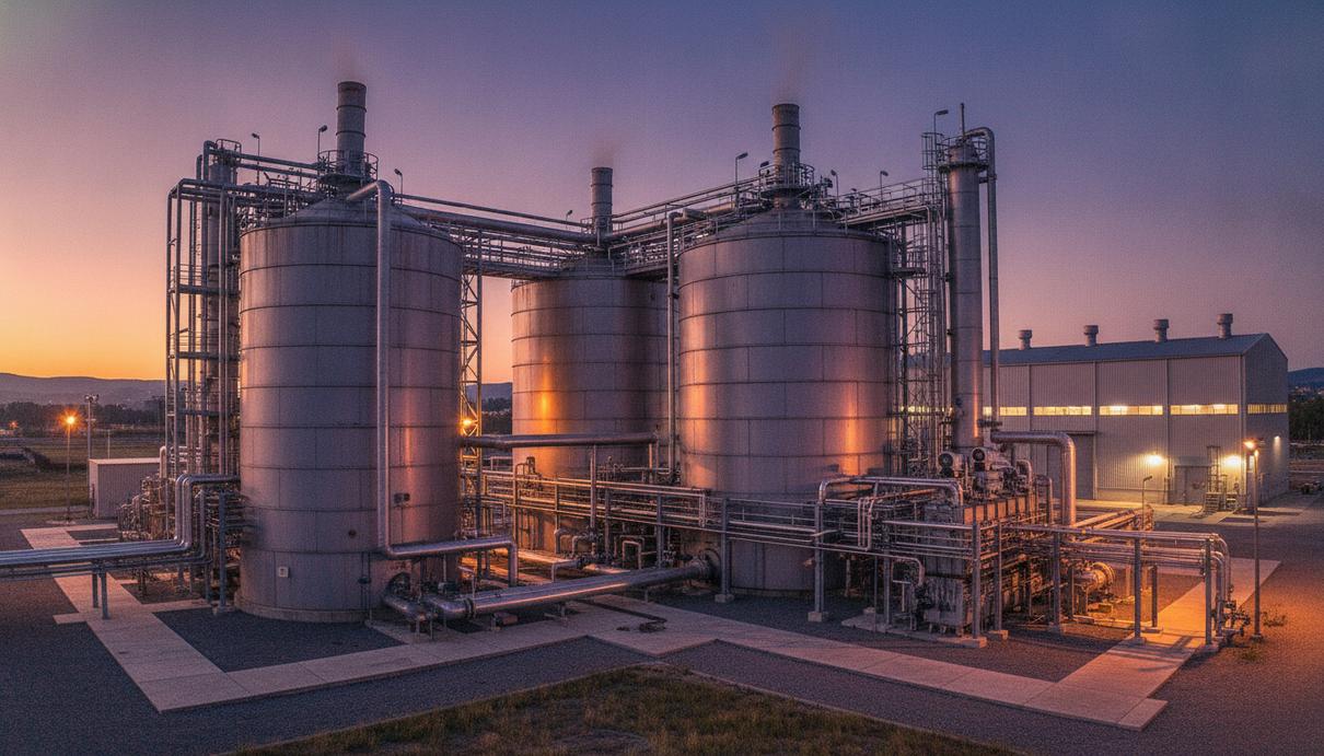Производители биогаза требуют обновить международные стандарты учета выбросов Промышленный комплекс по производству биогаза со стальными резервуарами и системой труб в вечернем свете