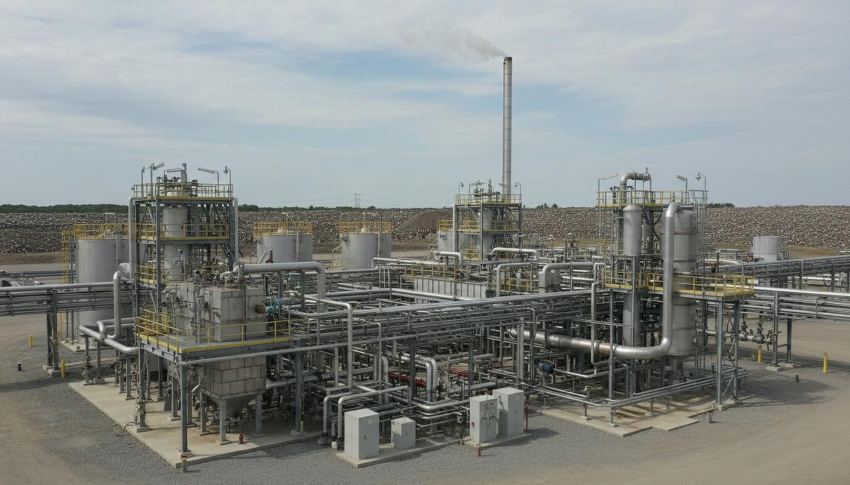 Waga Energy запустила в Индиане восьмую установку по переработке биометана Промышленный комплекс по переработке свалочного газа с сетью труб и резервуаров на открытой местности