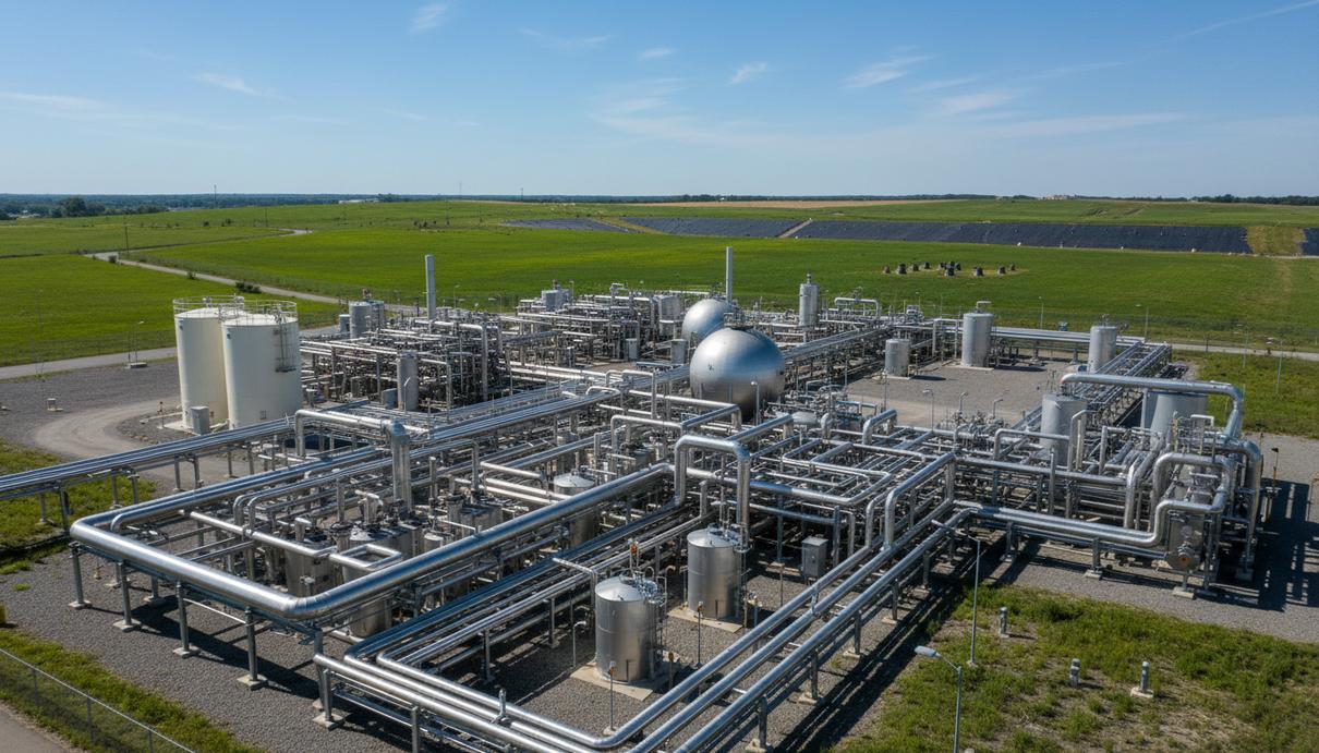 Промышленная установка по переработке газа с системой стальных труб и резервуаров на полигоне