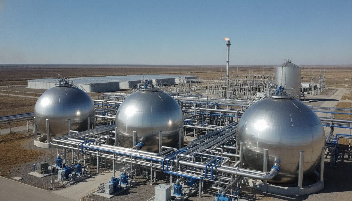 Современный завод по производству биогаза с промышленными резервуарами и трубопроводами