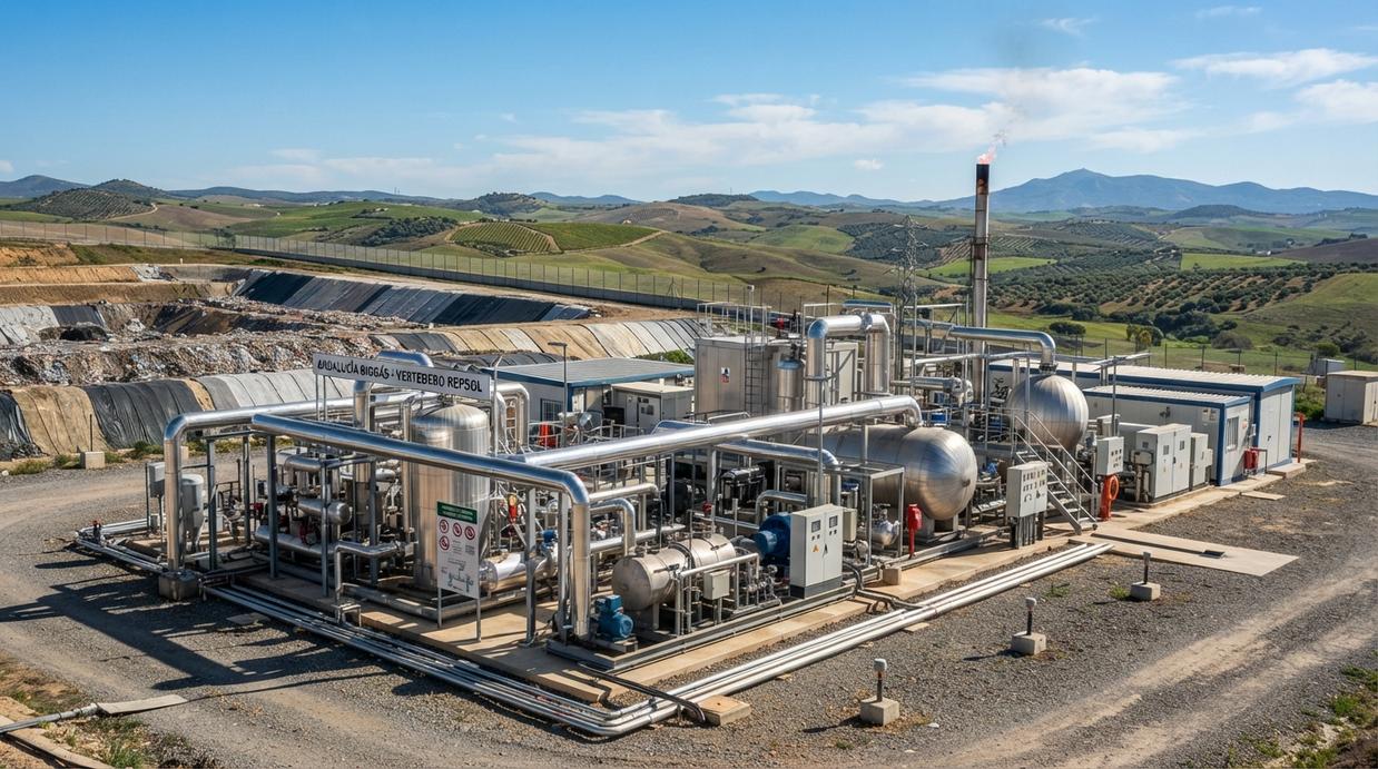 Современная промышленная установка по переработке газа с металлическими трубами на фоне холмов