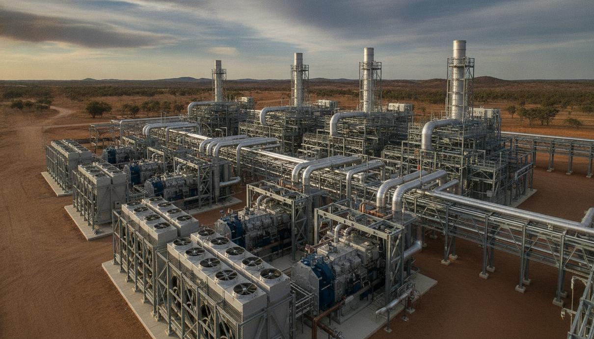 Ряды современных газовых двигателей и блоков охлаждения на крупной электростанции в Австралии