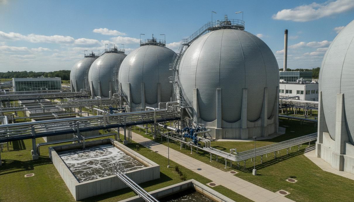 Промышленные купольные резервуары для получения биогаза и стальные трубы на очистной станции