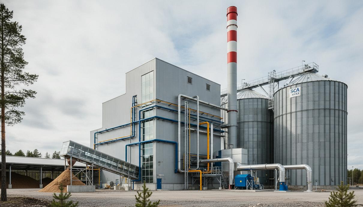 Современная промышленная котельная на биомассе с системой трубопроводов на территории завода